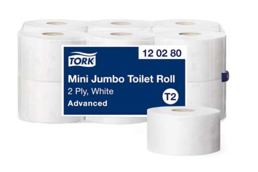 Toaletní papír jumbo Tork - T2, 2vrstvý, bílý, 187 mm, 12 rolí