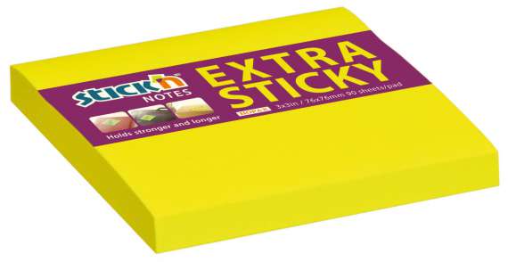 Samolepicí bloček Stick'n by Hopax EXTRA STICKY - 76 x 76 mm, neonově žlutý, 90 lístků