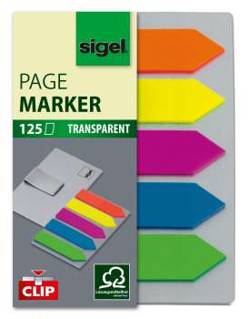 Samolepicí záložky Sigel ve tvaru šipky - transparentní s  klipem, 50 x 12 mm, mix barev, 5 ks