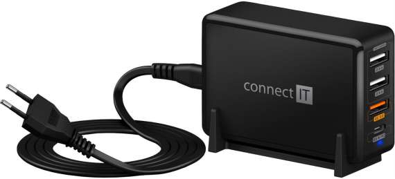 CONNECT IT nabíjecí adaptér, 1xUSB-C, 3xUSB, QC 3.0, PD, 65W, černá