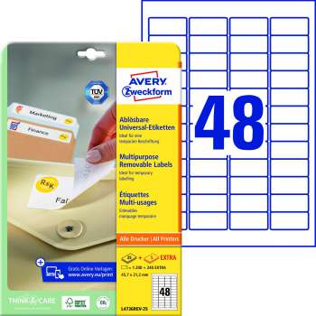 Snímatelné etikety Avery Zweckform - bílé, 45,7 x 21,2 mm, 1 440 ks