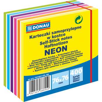 Samolepicí bloček Donau - 76 x 76 mm, výrazné neonové barvy, 400 lístků