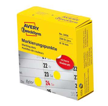 Kulaté etikety v zásobníku Avery Zweckform - žluté, průměr 19 mm, 250 ks