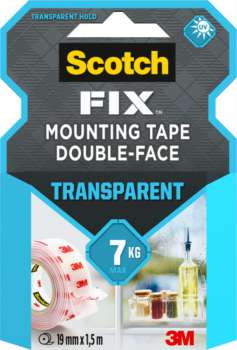Oboustranná lepicí páska Scotch Fix - do interiéru, čirá, do 7 kg, 19 mm x 1,5 m, 1 ks
