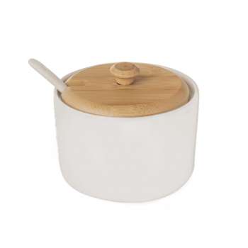Cukřenka Orion Whiteline - se lžičkou, porcelánová se dřevem, bílá, průměr 9,5 cm