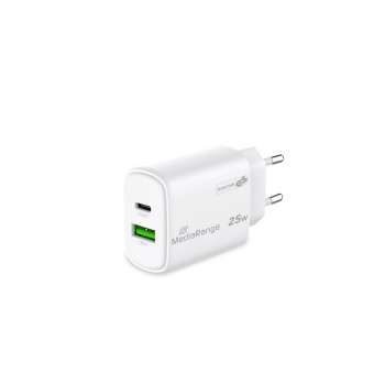 Nabíjecí adaptér MediaRange - 25 W, 2 USB výstupy, USB-A, USB-C, bílý