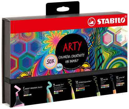 Kreativní sada STABILO "ARTY" Pastel - sada 50 ks - linery, fixy, zvýrazňovače a pastelky