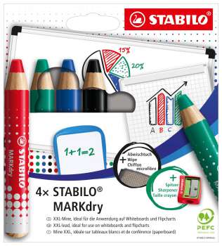 Suchý popisovač na bílé tabule STABILO MARKdry - kulatý hrot, sada 4 barev, s ořezávátkem