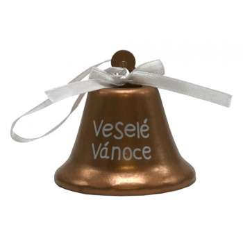 Plechový zvonek, zlatý, Veselé Vánoce