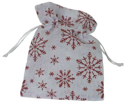Dárkový látkový sáček, bílý s červenými vločkami, 25 x 20 cm