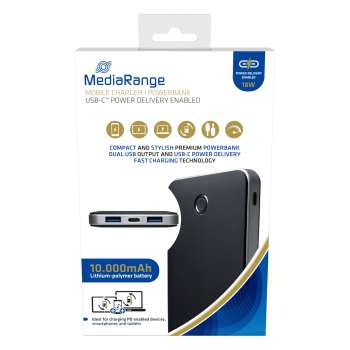 Powerbanka MediaRange - 10000 mAh, 2x USB-A, 1x USBC, černostříbrná