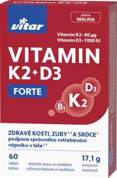 Vitamíny Vitar - K2 + D3 Forte, příchuť malinová, 60 tablet