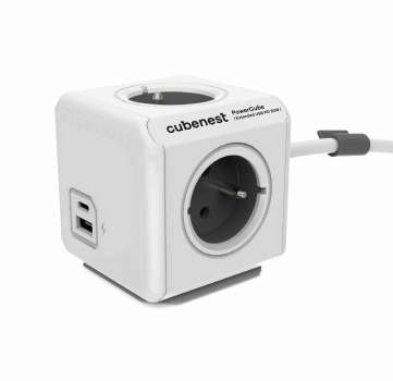 Prodlužovací kabel s rozbočovačem Cubenest PowerCube Extended USB PD 20W - 4x zásuvky, A+C, 3m, šedá