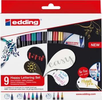 Sada edding Happy Lettering, 9 ks + mixer a visačky