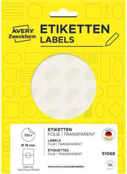 Kulaté uzavírací etikety Avery Zweckform - transparentní, fóliové, průměr 18 mm, 720 ks