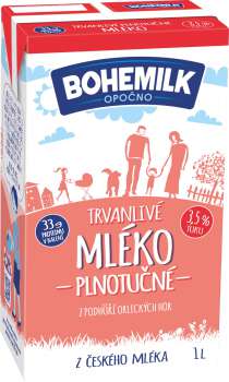 Trvanlivé mléko Bohemilk - 3,5%, plnotučné, 1 l