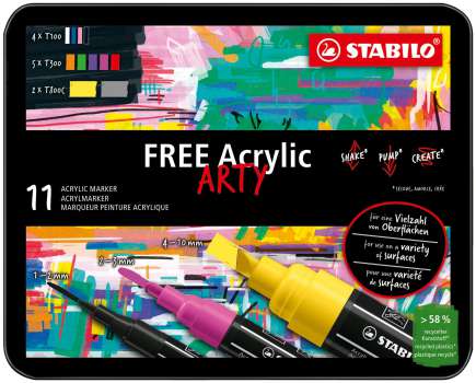 Akrylový popisovač STABILO FREE Acrylic - startovací sada 11 barev