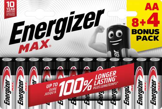 Alkalické baterie Energizer Max - 1,5V, LR6, typ AA, 8+4 ks