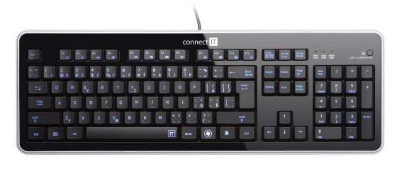 Drátová klávesnice CONNECT IT Office BlueShine BLACK - LED podsvícená, USB, CZ + SK, černo-stříbrný