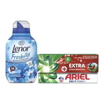 Kapsle na praní Ariel Plus Extra Clean All in 1 + aviváž Lenor Fresh Wind - 26 pracích dávek