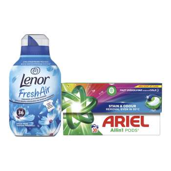 Kapsle na praní Ariel Color All in 1 + aviváž Lenor Fresh Wind - 30 pracích dávek