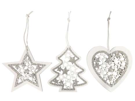 Závěsné dřevěné ozdoby s glitrem, 9 ks