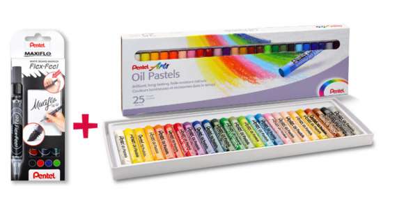 Olejové pastely Pentel (25 ks) + Popisovač na bílé tabule Pentel Maxiflo Feel Flex (sada 4 barev)