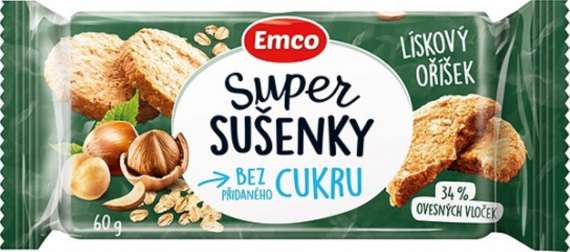 Ovesné sušenky Emco Super - lískový oříšek, bez přidaného cukru, 60g