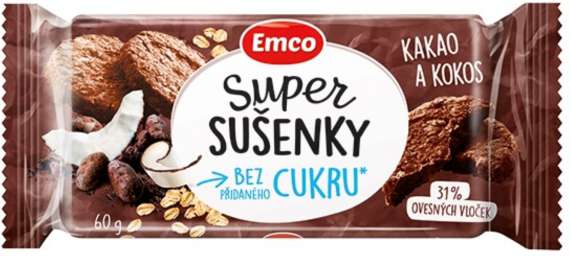 Ovesné sušenky Emco Super - kakao a kokos, bez přidaného cukru, 60g