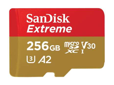 Paměťová karta microSDXC SanDisk Extreme - 256 GB, A2, Video Class V30, UHS-I U3, Class10, červ.zl.