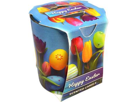 Skleněná svíčka tulipány a vajíčka, 73x77 mm