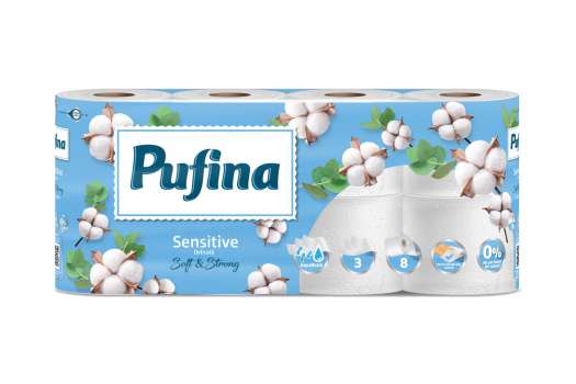 Toaletní papír Pufina Sensitive Aquabond - 3vrstvý, bílý, 18,9 m, 8 rolí