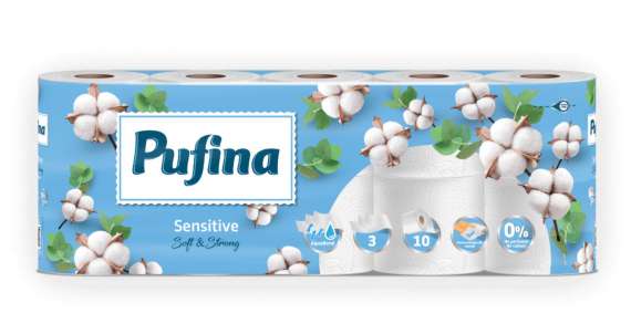 Toaletní papír Pufina Sensitive Aquabond - 3vrstvý, bílý, 18,9 m, 10 rolí