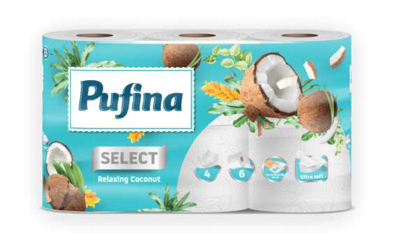 Toaletní papír Pufina Select Relaxing Coconut - 4vrstvý, bílý, 16,94 m, 6 rolí