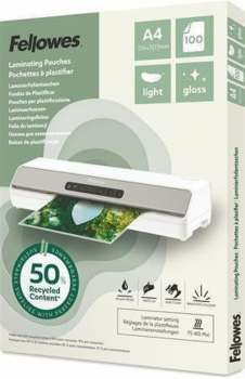 Laminovací fólie Fellowes – A4, z 50 % recyklované, lesklé, 100 ks