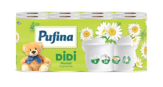Toaletní papír Pufina Didi Heřmánek - 3vrstvý, bílý, 17,6 m, 16 rolí