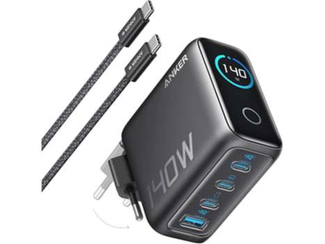 Síťový adaptér Anker s USB-C kabelem – 140 W, GaN, 3× USB-C, 1× USB, USB-C kabel 1,5 m, šedý