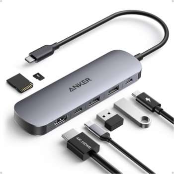 Dokovací stanice Anker Nano – 7v1, 100 W, 2× USB-C, 2× USB, 1× HDMI, SD/microSD slot, šedá