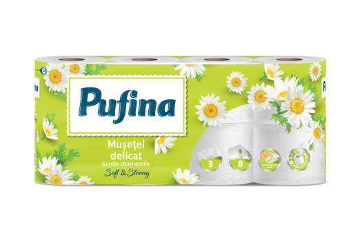 Toaletní papír Pufina Gentle Camom - 3vrstvý, bílý, 18,9 m, 8 rolí