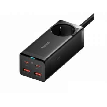 Síťový adaptér Baseus GaN3 Pro - 2x USB-C, 2x USB, 1x AC, 100W, s kabelem USB-C/USB-C, černý