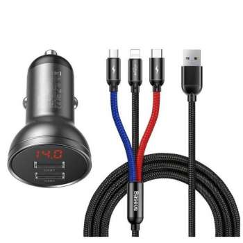 Nabíječka do auta Baseus s displejem - 2x USB, 4,8A, 24W + 3v1 kabel v balení, černý