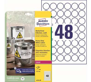 Velmi odolné polyesterové kulaté etikety Avery Zweckform - bílé, 30 mm, 960 ks