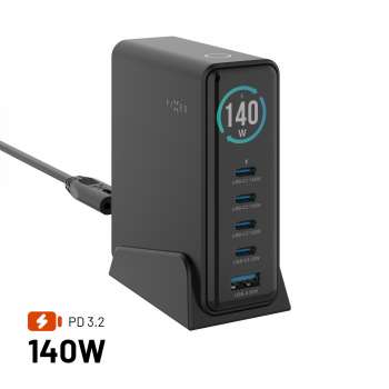 Dokovací GaN stanice FIXED – 140 W, s displejem, černá