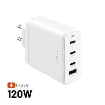 Síťová GaN nabíječka FIXED FIXCG120-3C1A-WH – 120 W, 3× USB-C, 1× USB-A, bílá