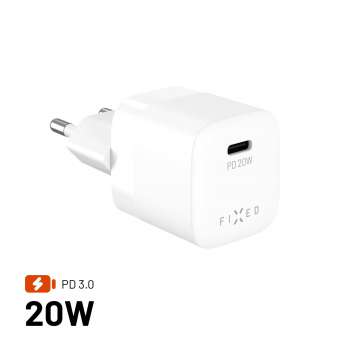 Síťová nabíječka FIXED Mini – USB-C, PD, 20 W, bílá