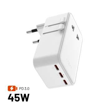 Cestovní adaptér FIXED Voyager Slim – 45 W, GaN, 3x USB-C, 1x USB-A, bílý