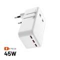 Cestovní adaptér FIXED Voyager Slim – 45 W, GaN, 3x USB-C, 1x USB-A, bílý