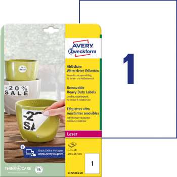 Vodovzdorné polyesterové snímatelné etikety Avery Zweckform - bílé, 210 x 297 mm, 20 ks