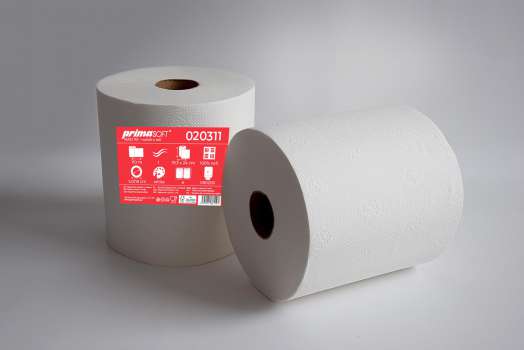Papírové ručníky v roli PrimaSoft - 2vrstvé, bílé, 110 m, 6 rolí