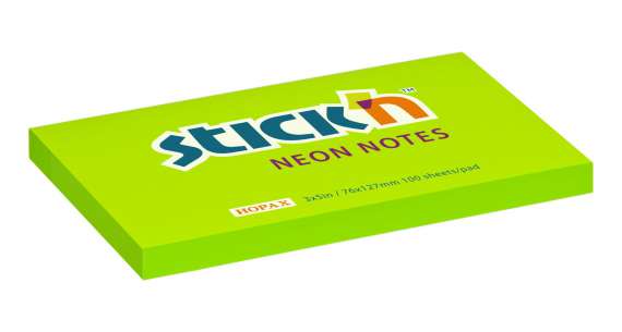 Samolepicí bloček Stick'n by Hopax - 76 x 127 mm, neonově zelený, 100 lístků